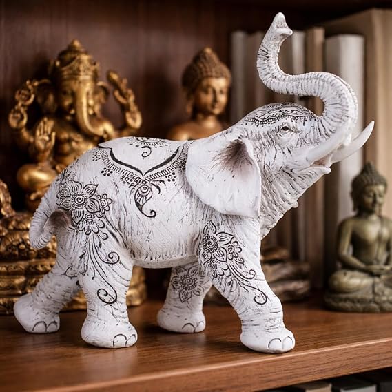 ICE ARMOR 7" W Decorative Trunk Up Black and White Thai Elephant Statue Feng Shui Decoration Figurine Office Desk/Home/Living Room/Table Decor, Perfect House Warming Gifts for new Home