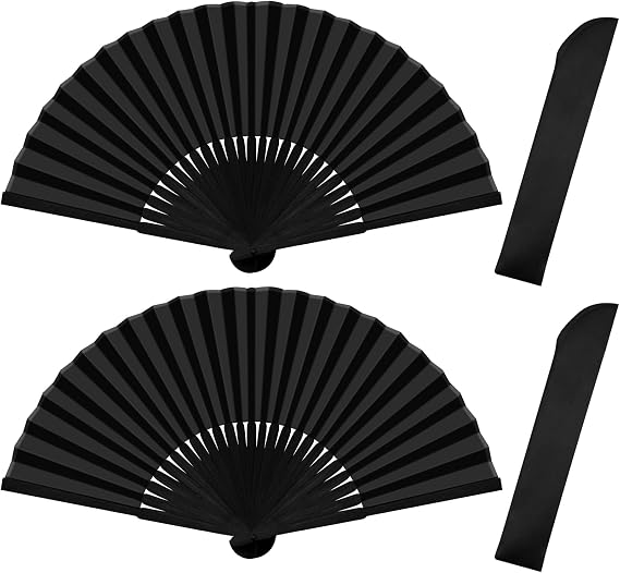 Hand Fan Folding, 2 Pcs Handheld Folding Fan, Fabric Hand Fan, Paper Fan, Rave Fan,Black Hand Fans for Women Folding, Chinese Handheld Fans for Wedding Party Decoration Birthday Gifts