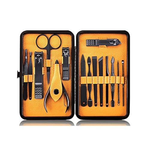 Professional Stainless Steel Nail Clipper Travel & Grooming Kit Nail Tools Manicure & Pedicure Set of 15pcs with Luxurious Case BlackYellow