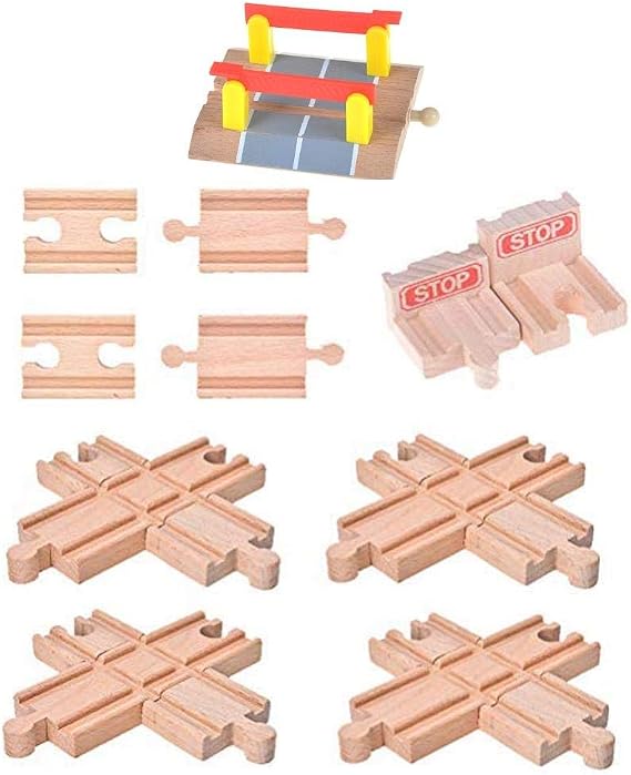 11 Pack Wooden Train Tracks Sets, Male-Female Bump Track, Crossing Bridge, Compatible with All Major Brands