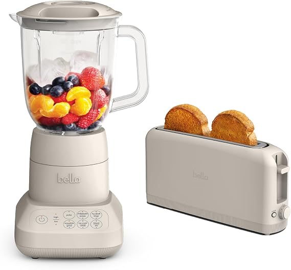 BELLA 10 speed Flip & Store Countertop Blender + 2 Slice Slim toaster, Fits-anywhereTM Kitchenware, Smart Toaster w 6 Shades Control & Smoothie Blender w 48oz Capacity Pitcher, Oatmilk