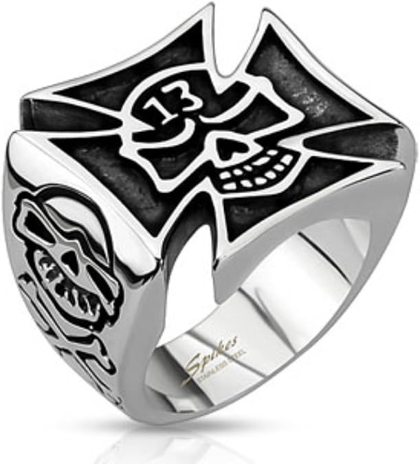 Spikes Lucky 13 Skull Cut Out of Celtic Cross Wide Cast Ring Stainless Steel