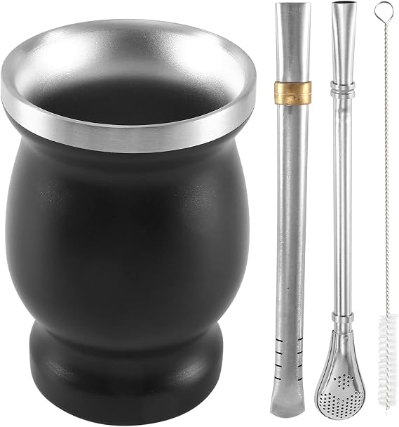 Double-Wall Stainless Yerba Mate Gourd Tea Cup Set Coffee Water Cup with 2 Bombillas Straws Spoon&Clean Brush 8Oz Black