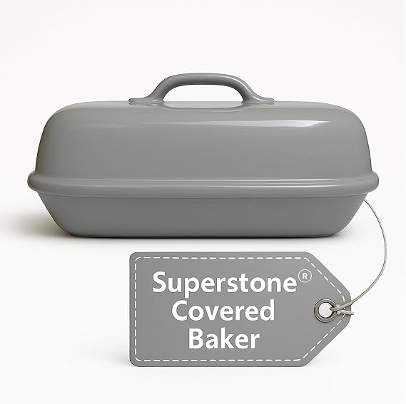 Sassafras Superstone Covered Bread Baker with Lid - Grey Glazed Exterior and Unglazed Interior Stoneware Bakeware - Bakes an Artisan Italian Bread with Crusty Crust and a Light Crumb