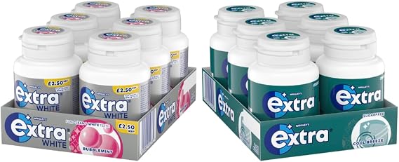 Extra Chewing Gum, White Bubblemint and Cool Breeze Flavours, 6 Packs of 46 Pieces Each (12 Packs Total)