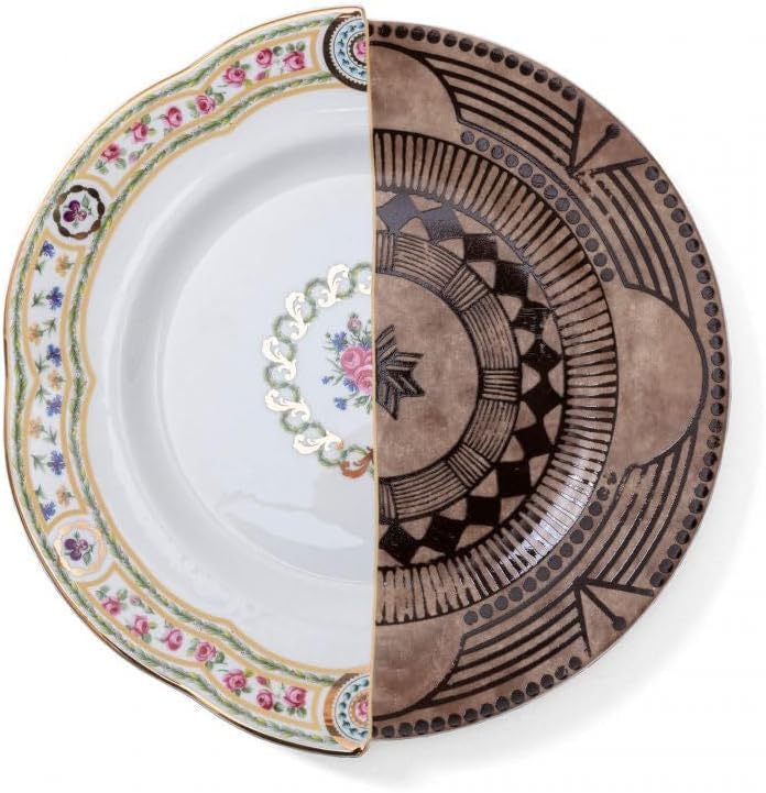 SELETTI HOBYO Dish, Plate, White & Brown, 10.6 inches (27 cm), Tableware, Western, Eastern Floral Pattern, Round