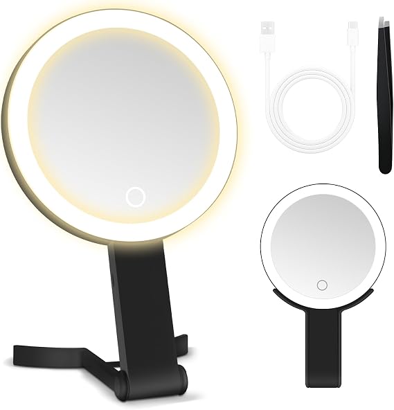 MIYADIVA Travel Makeup Mirror with Lights, Height Adjustable 30X/1X Double-Sided Magnifying Mirror, Portable Vanity Mirror with Digital Display & Phone Holder, Handheld Tabletop Hanging, Black