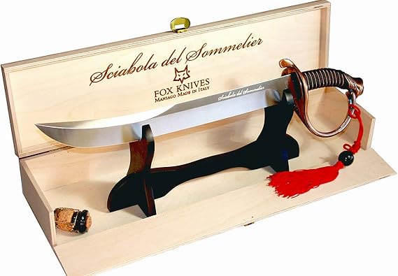 Fox Knives Maniago Italy Champagne Saber, Sciabola del Sommelier Celebration Saber, Stainless Steel Ceremonial Bottle Opener, Bronze Finish Handle, Wooden Display Box