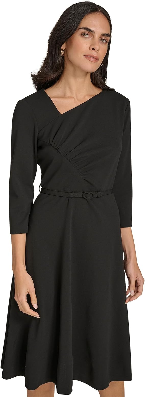 Calvin Klein Scuba Crepe Asym Rouched Neck Midi with Belt