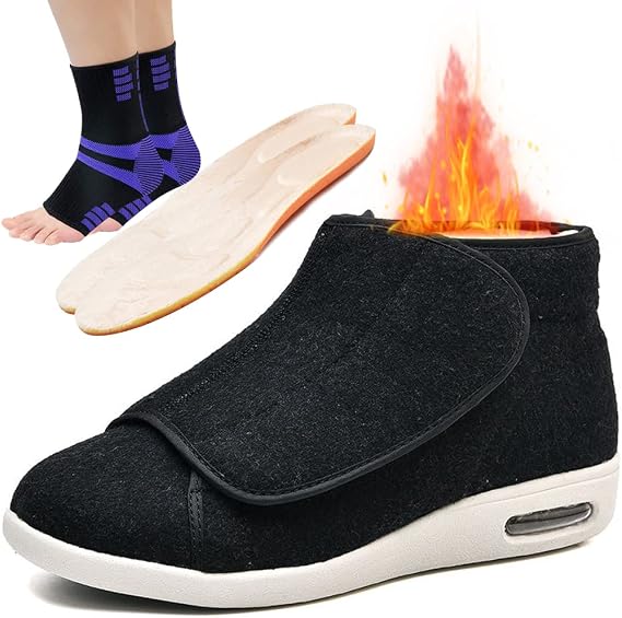 Extra Wide Shoes for Swollen Feet Men Winter Mens Shoes for Swollen Feet Uk Shoes for Arthritis Feet Women Arch Support Trainers Warm Fluffy Faux Fur Lined,Black Woolen Fabric,49 EU [Energy Class A]