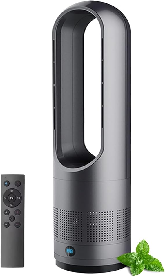 Hot and Cool Bladeless Tower Fan with Remote, 18 Inch Oscillating Air Circulator with 8 Speeds & Timer, Air Purifier Fan for Home, Office, Bedroom, Gray Dark Gray [Energy Class A]