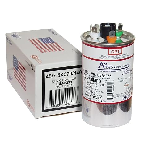 Carrier/Bryant/Payne HC98KA047 Replacement - 45 + 7.5 uf/Mfd 370/440 VAC AmRad Round Dual Universal Capacitor, Made in the U.S.A.