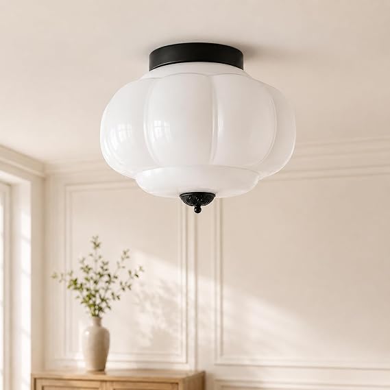 Bofea-Milk Glass Flush Ceiling Light,Modern Schoolhouse Semi-Flush Mount Ceiling Lights,Large Black Flush Mount Ceiling Light,Indoor Vintage Lighting for Living Room Hallway Foyer | Milk Glass Lights Fixture,Semi-Flush Ceiling Mount,Vintage Black White Semi Flush Mount Light for Kitchen,Hallway,Bedroom