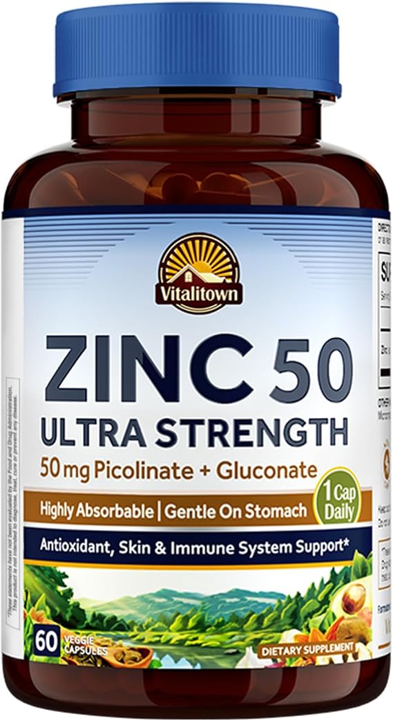 Vitalitown Chelated Zinc 50 mg, Zinc Picolinate & Gluconate, 60 Veggie Capsules, Well-Absorbed, Immune System, Healthy Skin & Development, Vegan, NO Gluten, Non-GMO