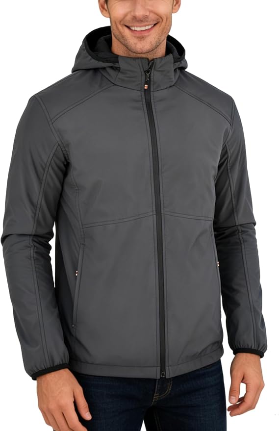 Men's 3-Layer Knit Jacket - Fleece Lined Hooded, Windproof Reflective Zip Pockets for Commute