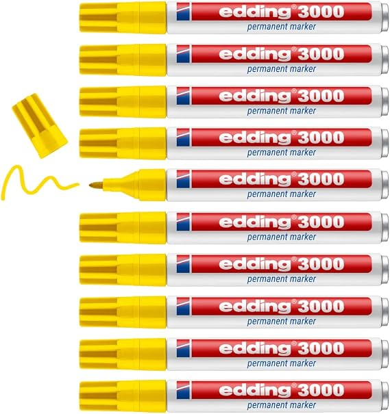 edding 3000 permanent marker - geel - 10 stiften - ronde punt 1,5-3 mm - sneldrogende permanent marker - water- en wrijfvast - voor karton, kunststof, hout, metaal - universele marker