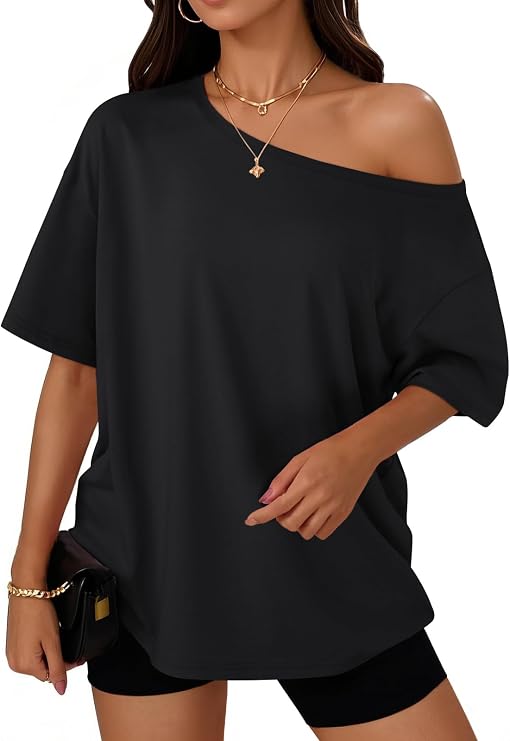 Trendy Queen Womens Off the Shoulder Tops Oversized Summer T-Shirts 2026