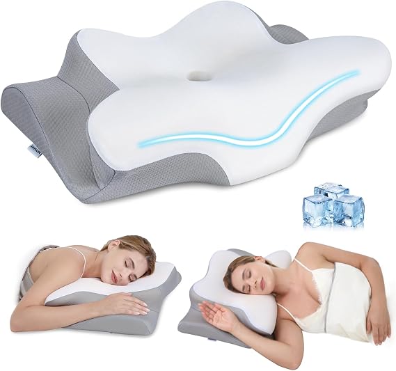 Cervical Neck Pillow, Memory Foam Pillows for Relieving Neck and Shoulder Pain, Neck Support Pillow for Side Sleepers, 2 Heights Ergonomic Pillow with Breathable Ice Silk Cover White