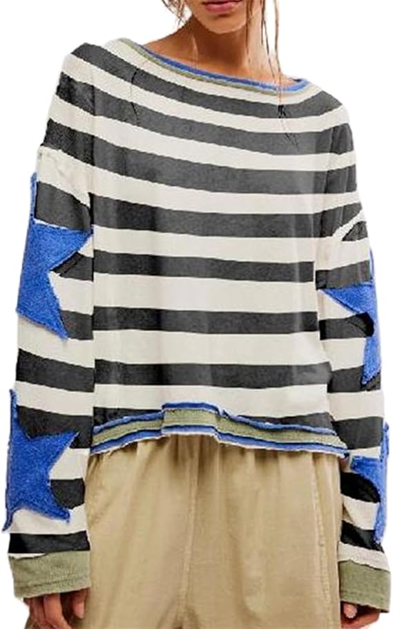 Star Oversized Sweatshirt for Women Casual Crew Neck Long Sleeve Stars Patch Pullover Tops Preppy Trendy Clothes,