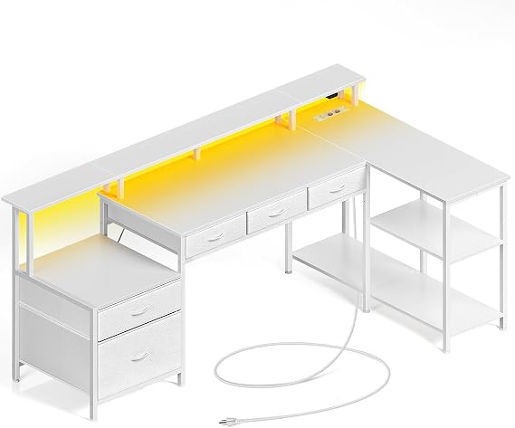 Rolanstar Desk L Shape with Drawers Reversible Gaming Table with Socket LED & Monitor Stand 163 cm Computer Desk for Office Study Bedroom White