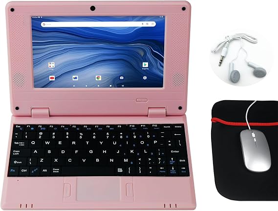 CHIBBS Portable Kids Laptop Computer, 7" Inch IPS Screen Mini Laptop Powered by Android 13.0, Quad Core, 2gb Ram + 32gb ROM, 2* USB, Camera, Bluetooth, Wi-Fi- Pink