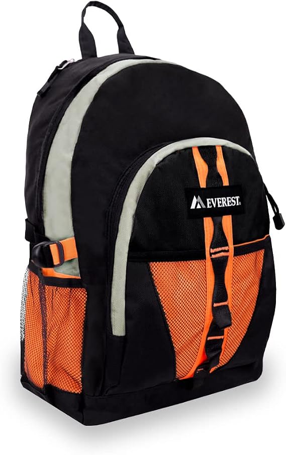 Everest Luggage Backpack with Dual Mesh Pocket, Orange/Gray/Black, Orange/Gray/Black, One Size