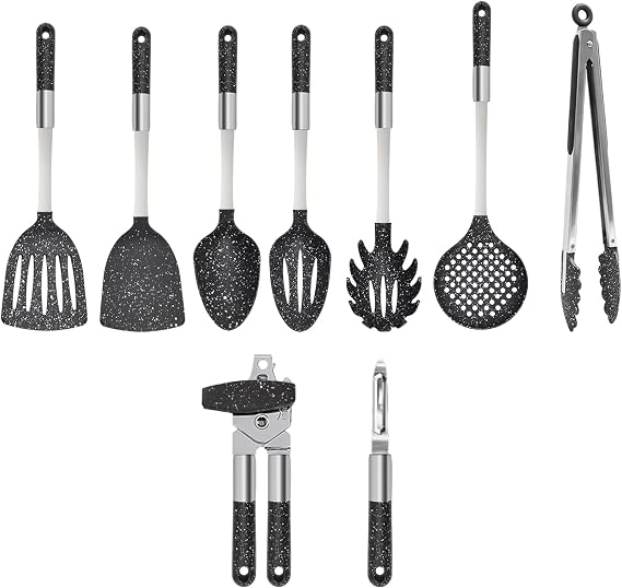 9-Piece Dishwasher-Safe Kitchen Utensil Set, Black and White Speckle