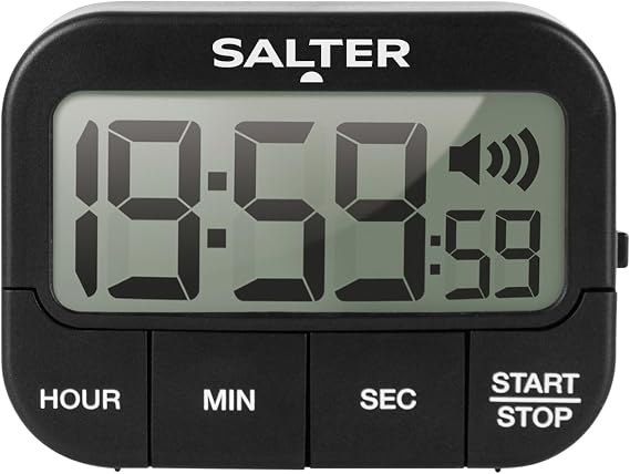 Salter Kitchen Digital Display Count up or Countdown Timer, Adjustable Loud Beeper, Large Start/Stop Button, Memory Function, Magnetic or Self Standing-Black, Plastic