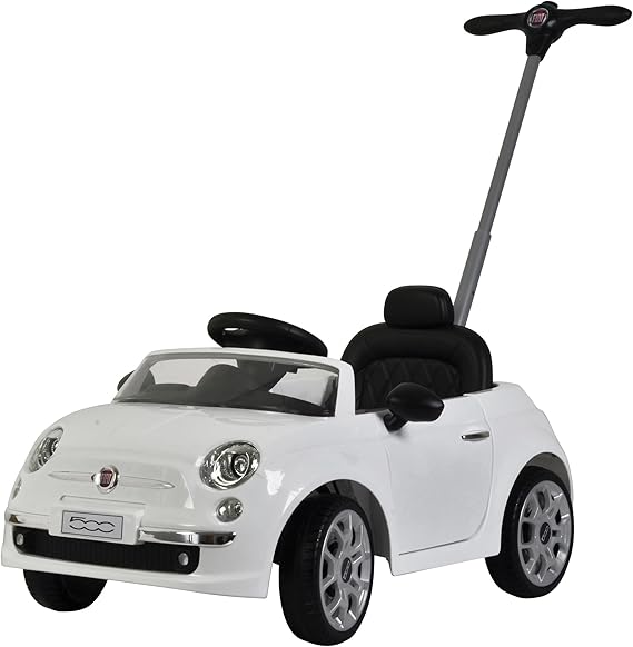 BEST RIDE ON CARS Fiat 500 Push Car for Kids, White, Stroller, Adjustable Handle, Music, Stable Wheels, Safety Belt, Multi-Functional Steering Wheel