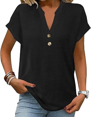 Womens Striped Henley Summer Tops V Neck Button Dressy Casual T Shirts Blouses 2026 Trendy Clothes