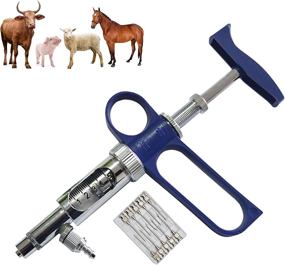 Semi Automatic Livestock Syringe, Veterinarian Vaccine Medicine Dispenser Precision Pump Co Adjustable and Reusable Animal Injector, for Goose Pig Bull Sheep Livestock