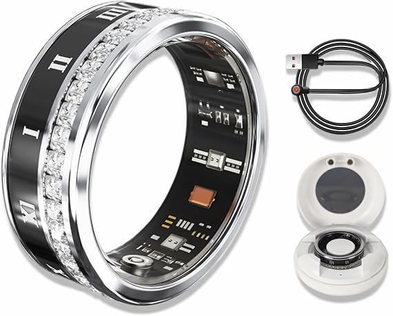 Smart Ring,Numerals Diamonds,Health Monitoring, Heart Rate, Blood Oxygen, Sleep Tracker, Compatible with Android and iOS, Fitness Tracker Ring for Men/Women,IP68 Waterproof (Silver, 9)