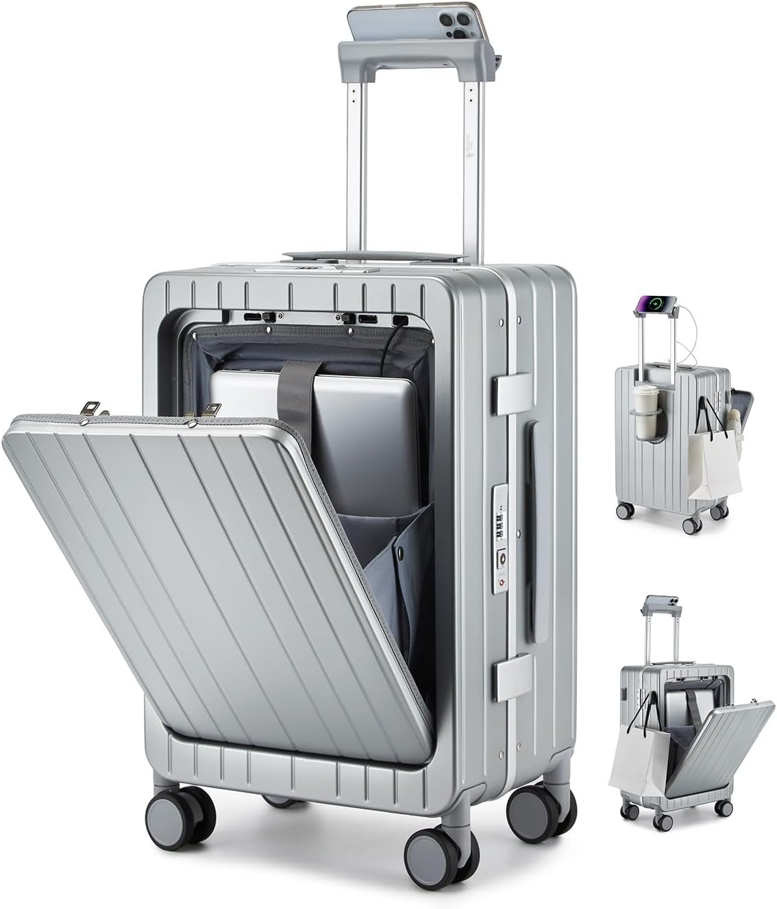 Sea choice Front Opening Luggage with Laptop Compartment Top Open Suitcase Carry-on Aluminium Frame Closure PC Hard Shell Suitcase with Cupholder USB Port Spinner Wheels