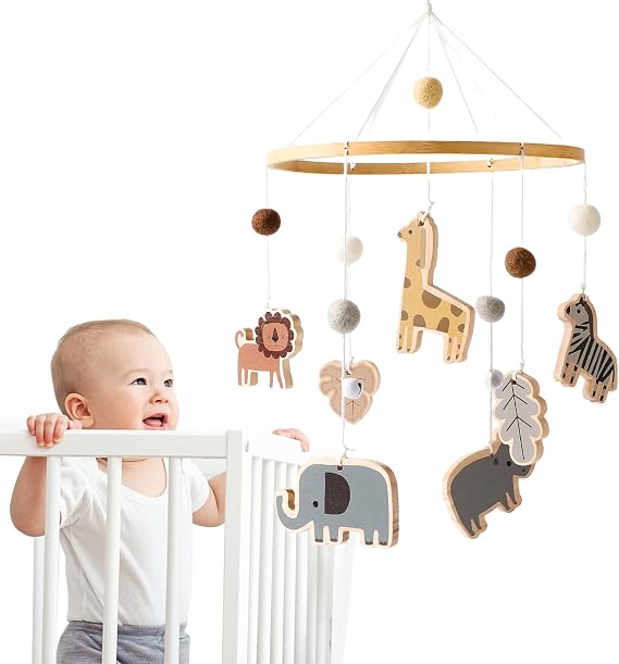 Promise Babe Baby Mobile for Cot, Baby Animals Mobile with Felt Balls Giraffe Lion Elephant Zebra Mobile Baby Room Wood Crocheted Mobile Newborn Boys