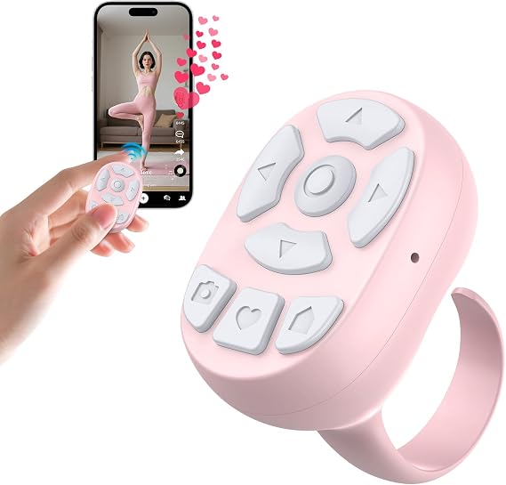 OUTXE Wireless Auto Clicker for TikTok, Bluetooth Remote Scrolling Ring for iPhone Hands-Free Liking/Page Turn/Volume Adjust/Take Photos Without Touching Phone Screen (Pink)