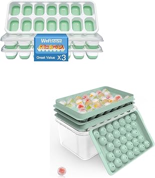 Ice Cube Trays with Lid and Bin, Silicone Plastic Ice Cubes Trays 5 Pack, Stackable Molds for Freezer, Storage Iced Bucket Kits BPA-Free and Odor-Free