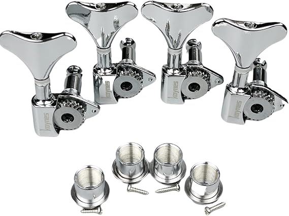 KAYNES 1:24 Ratio Silver Electric Bass Guitar Machine Heads Tuners Guitar Tuning Key Pegs Open Gear Replacement for Jazz Precision (4 for Right, Chrome)