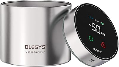 Smart Vacuum Coffee Canister, Automatic Stainless Steel Food Storage Container, LCD Monitoring, One-touch Freshness, Date Tracker, Extra-long Standby Time, Holds 11 oz Coffee Beans Silver, 0.9L