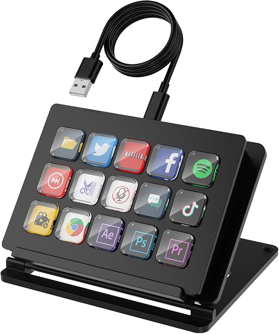 15-Key LCD Macro Keyboard, Customizable Stream Controller with Programmable Shortcut Keys for OBS, Twitch, YouTube, Zoom, Photoshop All-in-One Productivity Control Pad for PC & Mac