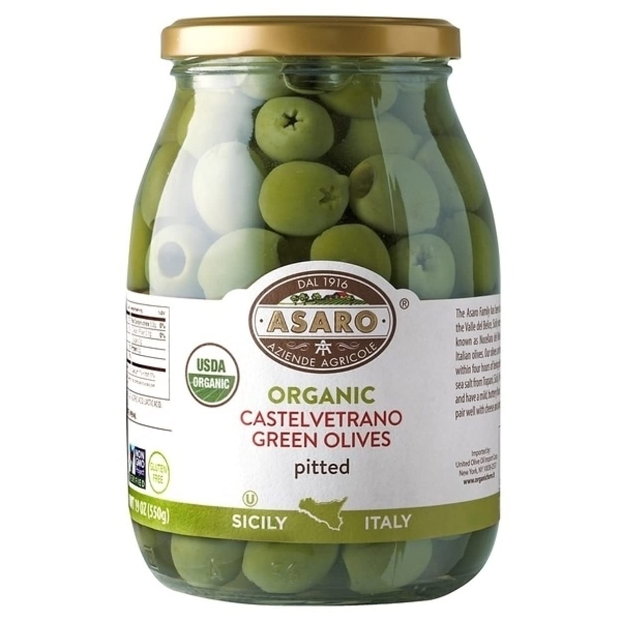 Asaro Organic Castelvetrano Green Pitted Olives, 33.8 Ounce Jar