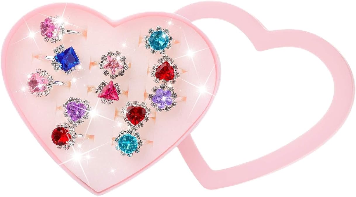 Hifot 12 pcs Girls Crystal Adjustable Rings, Princess Jewelry Finger Rings with Heart Shape Box, Girl Pretend Play and Dress up Rings for Children Kids Little Girls - Random