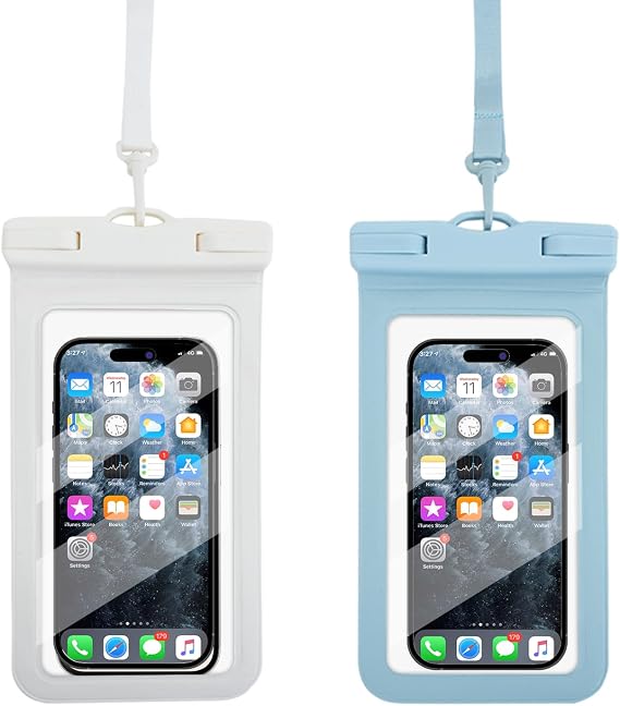 HITWAY Waterproof Phone Pouch Floating, Waterproof Phone Case, Transparent PVC, 2 Pack, Phone Protector for iPhone 15 14 13 12 11 Pro Max Plus XS XR X 8 Galaxy S23 S22 S21 S20 (Blue & White)