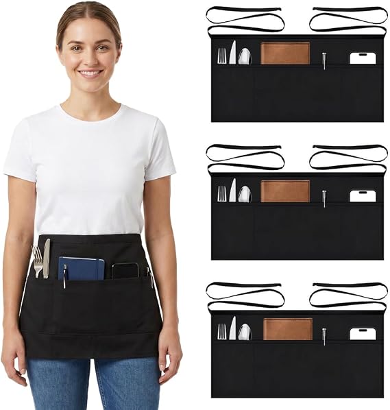 3PCS Server Apron, Black Waitress Apron Short Half Waist Aprons for Waitress Waiter Servers Women Men with 3 Pockets