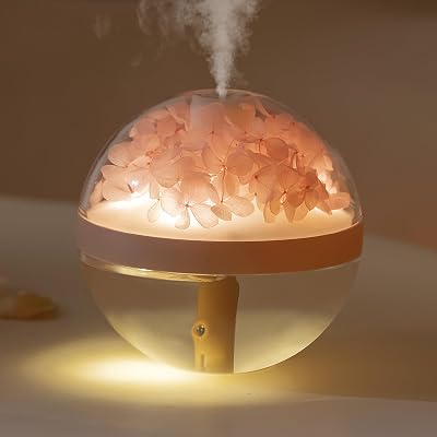Preserved Flower Portable Humidifier,270ml Capacity,Rechargeable Essential Oil Diffuser with Night Light and Waterless Auto Shut-Off,for Office Room Bedroom Livingroom Pink Hydrangea