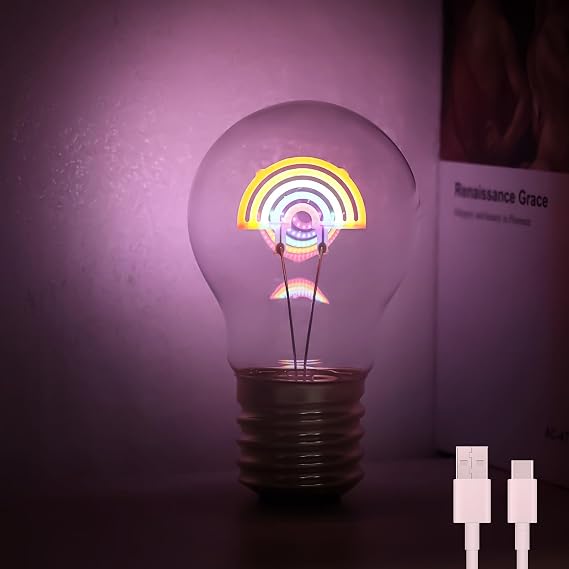 Rainbow Shaped E40 Rechargeable Light Bulbs, LED Neon Table Cordless Light, Edison Art Battery Operated Lamp for Gifts, Home Decor, Valentines Day,