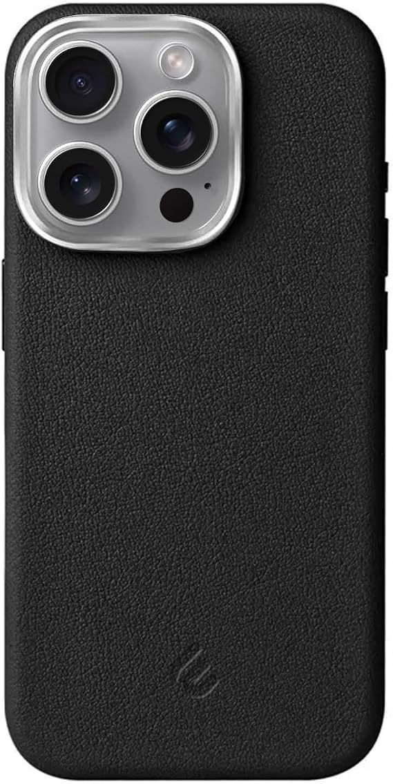 Minesk iPhone 13 ve 14 için MagSafe ile Uyumlu Çizilmeyen ve Parmak İzi Tutmayan Deri Kaplama Metal Tuşlu ve Metal Lens Çerçeveli Hybrid Suni Deri Kılıf (Siyah, 13-14)