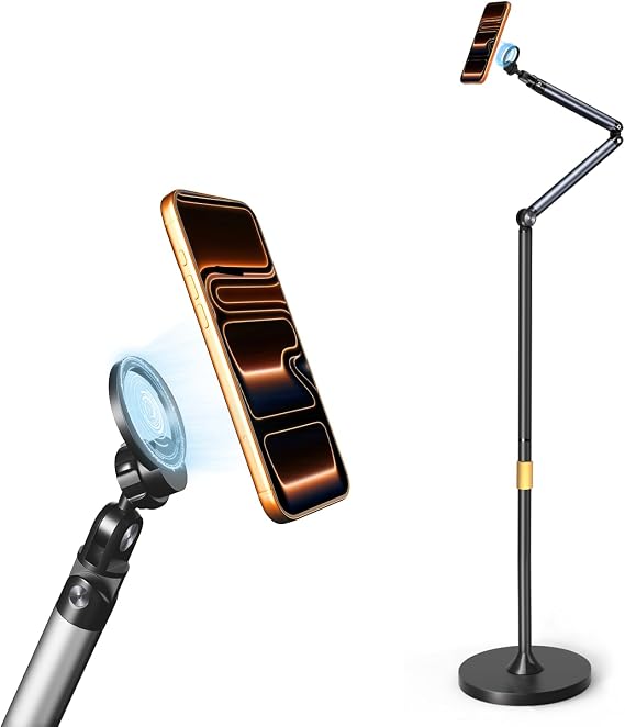 Magnetic Phone Floor Stand, Aluminum iPhone Overhead Stand with Adjustable Arm & Remote for Multi-Angle Creative Shooting, Stable Stand for iPhone/Android