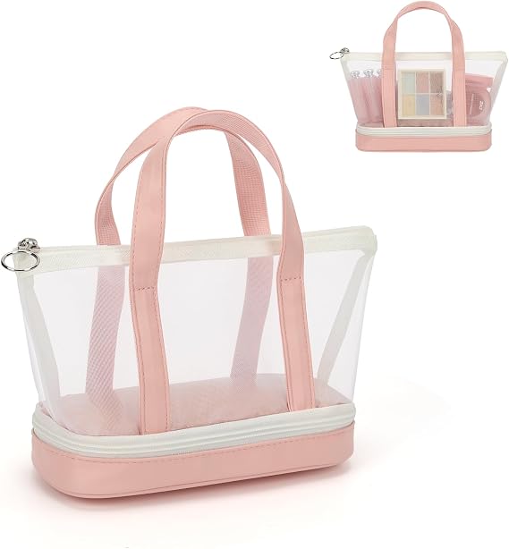 Small Multi-Functional Makeup Bag for Teens and Women Cute Cosmetic Case with Zipper Pouch/Double Handle for Travel Daily Use Multi-Scene Storage - Perfect Christmas or Birthday Gift for Girls - Pink