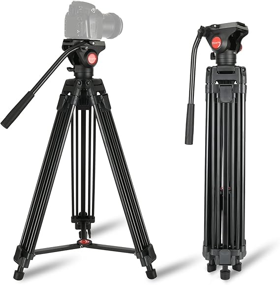 Heavy Duty Tripod Professional Video Camera Tripod Aluminium 67 Inches with 360 Degree Fluid Head and QR Plate, Mid-Level Spreader, Max Loading 22LBS for Canon Nikon DSLR Cameras Video Camcorders