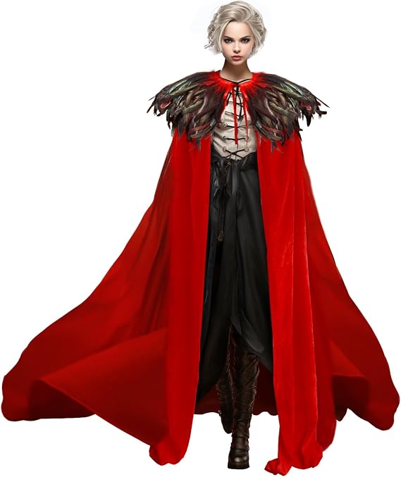 JEGERMIG Classic Witch Costume Cloak and Natural Feather Cape Halloween Role Play Party Witchy Cloak